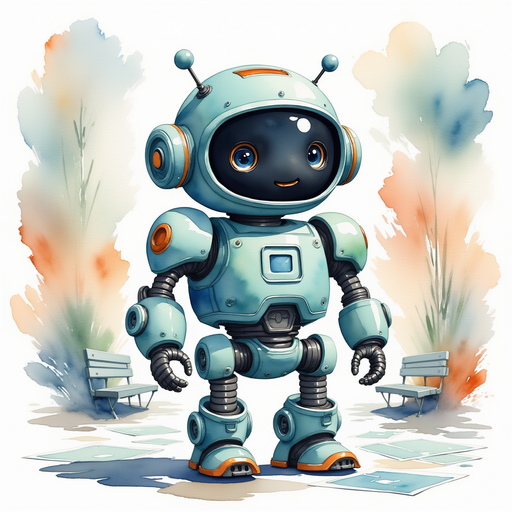 Blinky Sparx standing near a tall table, smiling in excitement In the background, vibrant robot blueprints lie scattered on benches