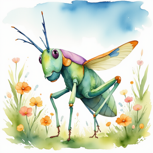 Buzzywhirl stands among pale flowers, touching one gently. In the background the sky is clear and blue.