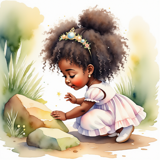 Princess Zoombella - who is black - is kneeling to touch a shimmering patch of light on a mossy rock. In the background thick layers of moss and scattered pebbles
