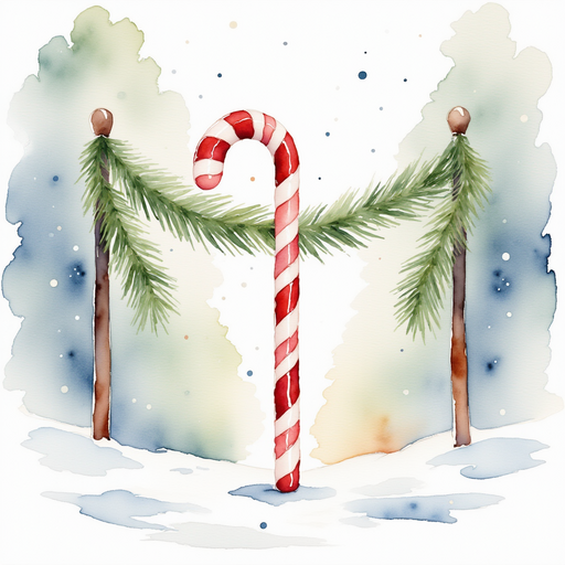 A tall candy cane pole stands in the frosty snow, its stripes gleaming in the faint sunlight. In the background, a garland of evergreen branches hangs between the candy cane poles.