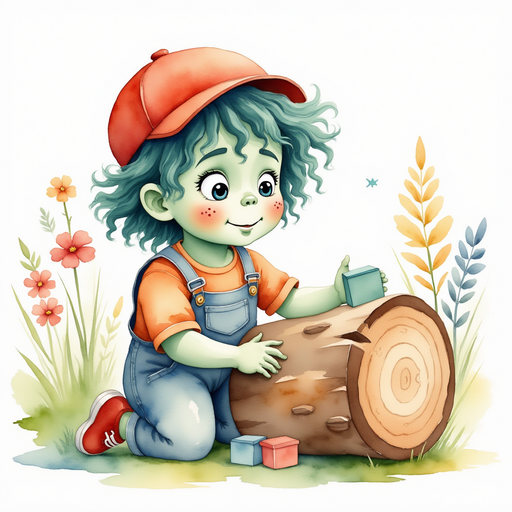 Show Zigzag Zander kneeling by a large wooden log, carefully arranging puzzle boxes. In the background, tall flowers sway softly in a light breeze.