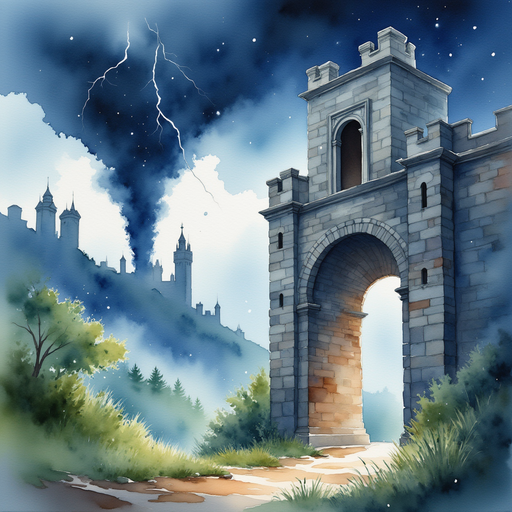 A trembling stone archway stands near the looming funnel cloud. In the background, jagged flashes of lightning illuminate the castle towers.