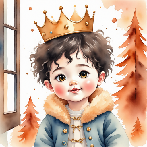 King Doodle Bum stands by a tall window with a shiny crown on his head. In the background, frosted chocolate trees