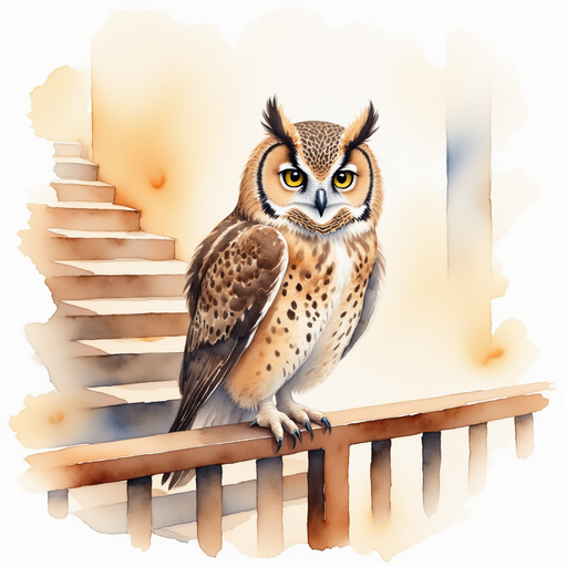 The ancient owl perches on a wooden railing, feathers softly ruffled. In the background are curved wooden steps.