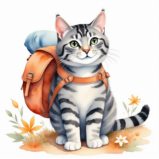 Illustrate Smokey with his backpack, prepared with clothes, a blanket, and food. In the background, household items are scattered indicating preparation for a journey.