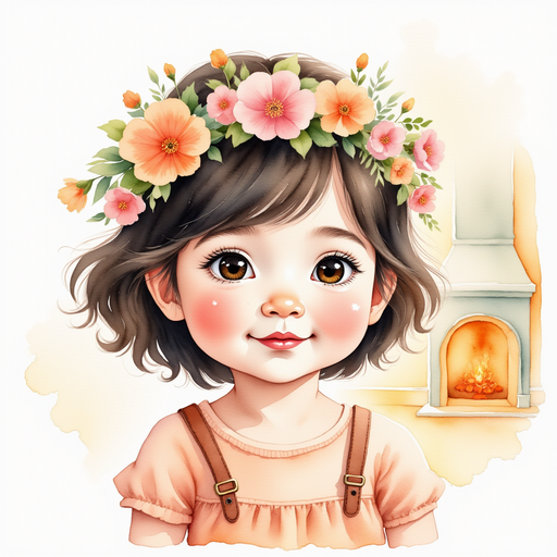 Illustrate Lily with a garland of magical flowers around her neck as she wakes up in her cottage. In the background, a warm fireplace casts a gentle glow over the room.