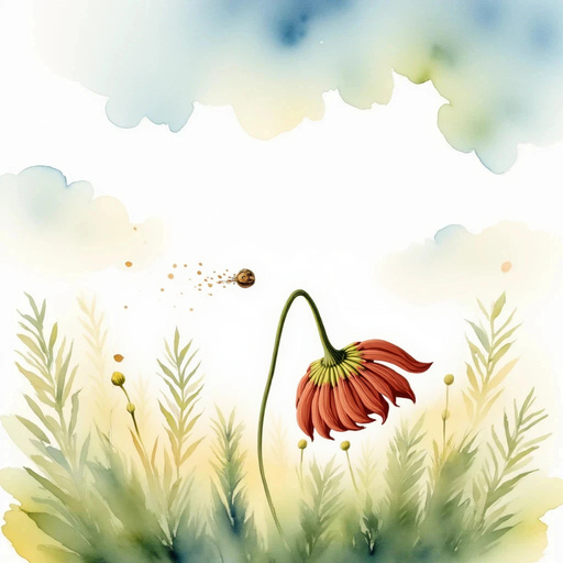A flower in a meadow. In the background, soft clouds drift slowly by.