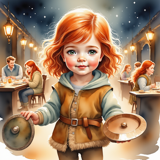 Bolda the Bright collecting plates with the help of the crew, all smiling In the background, neat rows of wooden tables shine in the torchlight.