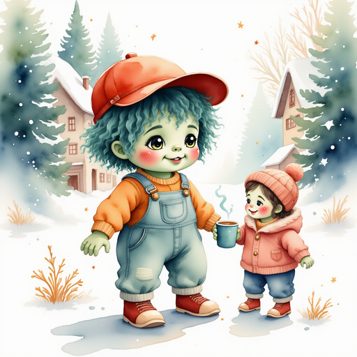 Zigzag Zander holds a steaming mug of cocoa while a villager smiles at him. In the background, frosty trees shimmer with tiny icicles.