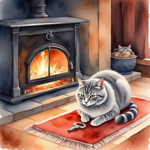 Illustrate the tiny, mysterious key hidden under the rug, glinting in the firelight. In the background, the cozy fireplace casts a warm glow. With a grey cat