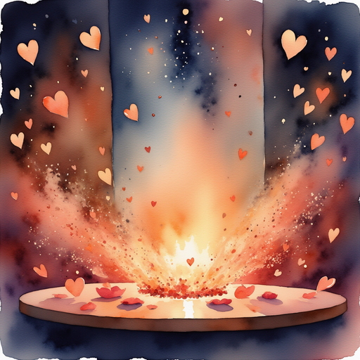 Sparkly hearts sprinkled around the table without showing anyone holding them. In the background, soft light from the fire glows on the walls