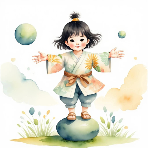 Sammy balances on a round green stone with her feet close together. In the background, winding grass hides more stones ahead.