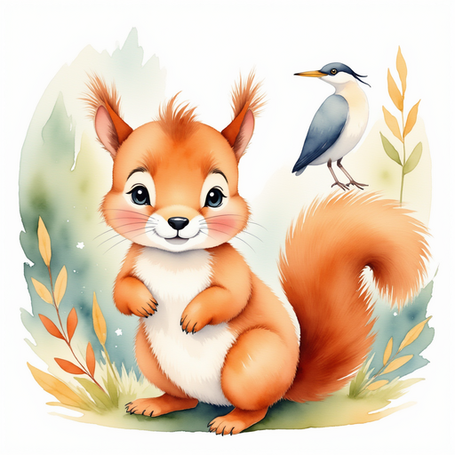 Charlie the squirrel, with excitement sparkling in his eyes as he listens to the wise heron. In the background, a vibrant, hidden valley with a crystal-clear stream.