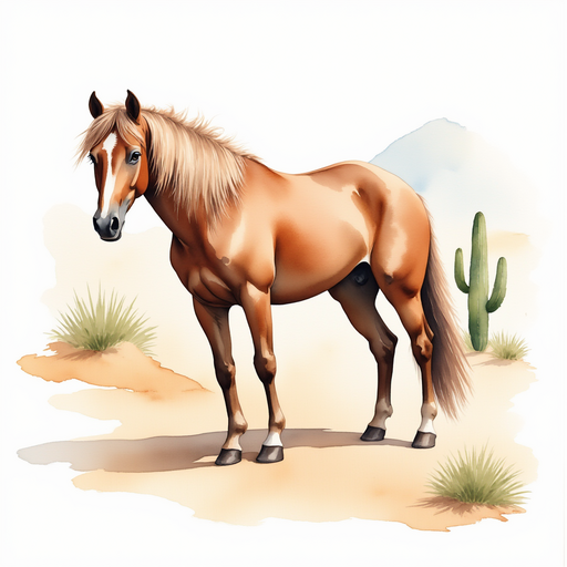 A brown horse stands with her ears perked up. In the background, soft sand and cacti surround the corral.