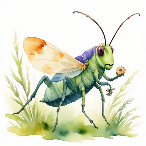 Show Buzzywhirl holding tiny gears as he buzzes around. In the background, tall grass sways in the wind.