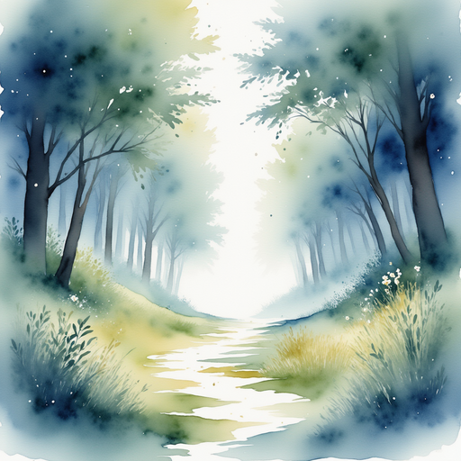 Illustrate a shimmering path emerging magically from misty surroundings. Mist with faint outlines of trees and a hint of magic.
