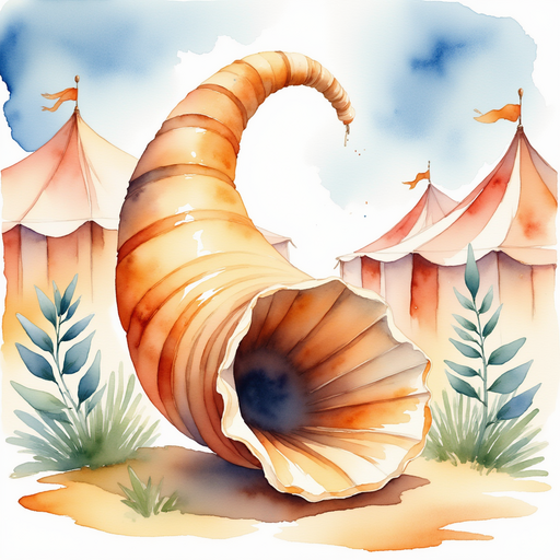 A large, polished horn catches the sunlight, its mouth shaped like a curled shell. In the background, festival tents glow with bright colors.