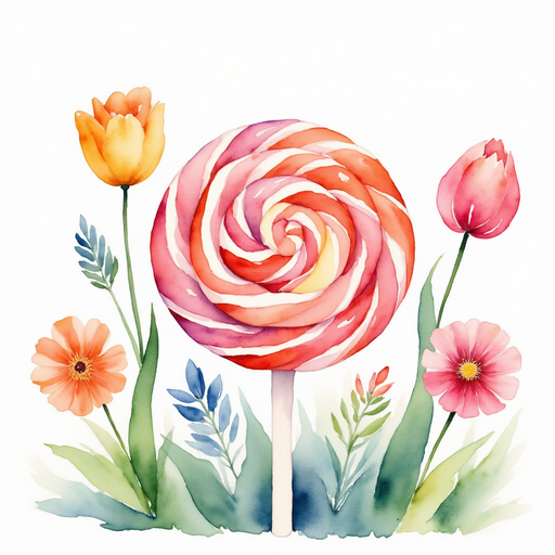 A giant striped lollipop leans against a bright gumdrop bush. In the background, sugar flowers bloom.