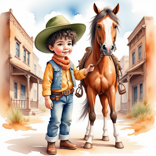 Cactus Cody stands beside a tall, chestnut horse, holding the reins and looking down the street. In the background, a dusty Western saloon stands under the bright sky