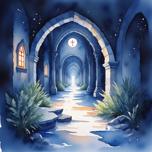 The glowing path formed by light and color emanating from the music box. In the background are dimly lit castle corridors with intricate archways.