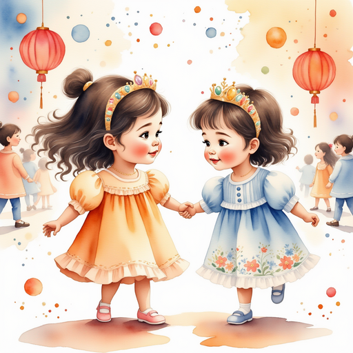 Princess Zoombella holding hands with a friend in a bright costume. In the background, dancing crowds under lanterns.