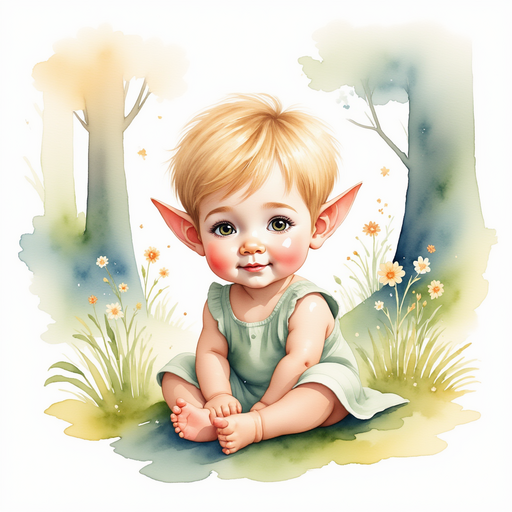 Illustrate adult Joey the playful elf. In the background, the enchanted clearing where magical creatures gather.