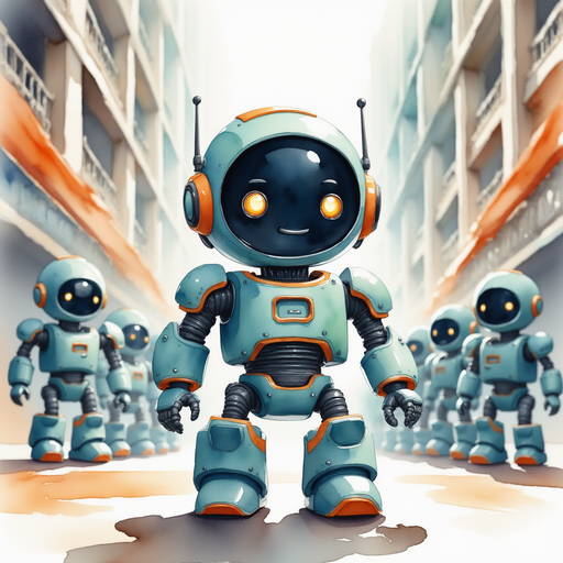 Blinky Sparx looking up at a large speaker in the ceiling with an excited expression In the background rows of androids pause to listen