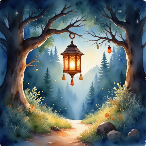 A glowing lantern suspended from a gnarled branch, lighting the winding path. In the background, twisting roots and shimmering fireflies