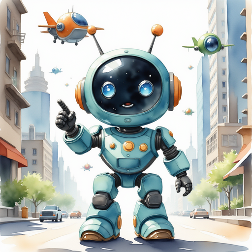 Show Blinky Sparx standing on a busy walkway, pointing at the flying cars overhead. In the background stands a cluster of tall silver buildings.