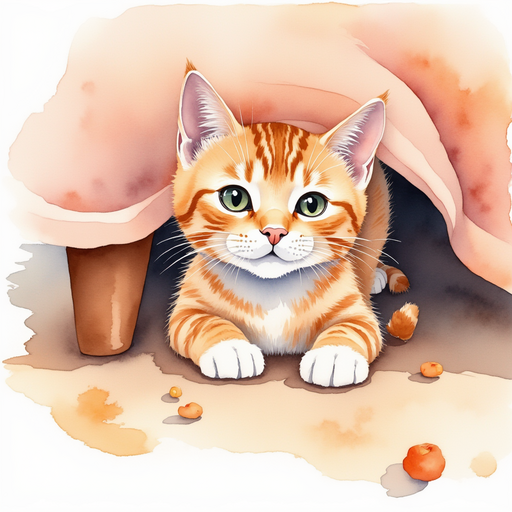 Illustrate Tabby peeking out from under the couch, her bright eyes fixated on something interesting. In the background, floor patterns and scattered toys nearby.