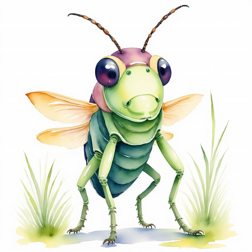 Buzzywhirl stands on two legs with antennae perked up. In the background, slender grass stalks sway in the wind.