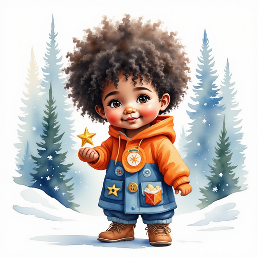Zippy holds the golden star ornament in his gloved hands, grinning with delight. In the background, tall pine trees covered in white snow