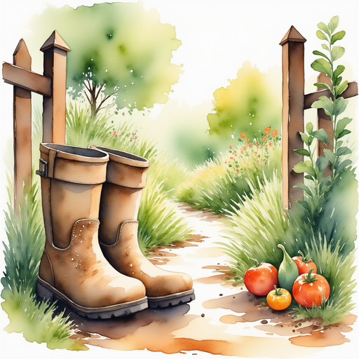 A pair of boots resting by the garden gate, covered in earth and morning dew. In the background, the lush garden is bursting with vibrant vegetables under the morning sun.