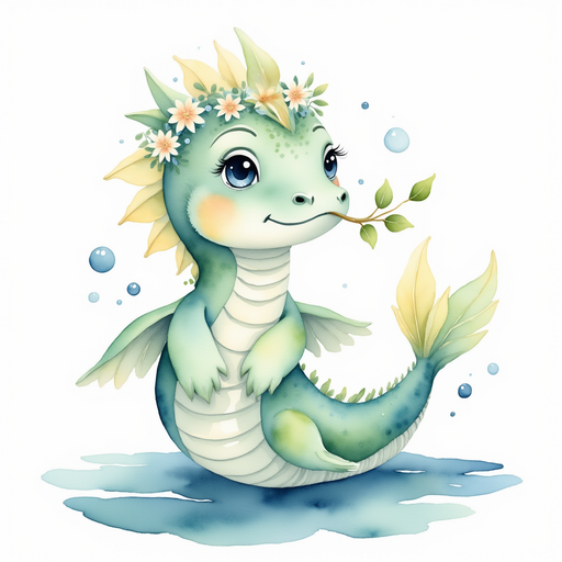 Nessie Sparkles holds a single leaf in her mouth. In the background, wavy water sparkles.