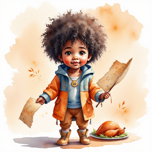 Zippy stands beside the dining table, holding a worn map. In the background, a roasted turkey rests on a large platter.