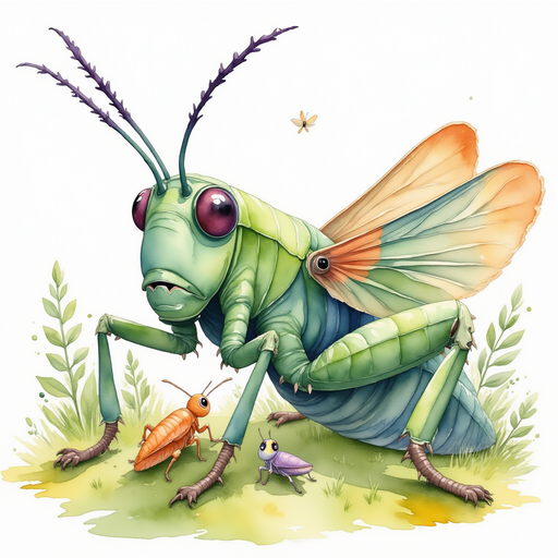 Show Buzzywhirl near a cluster of crickets, all whispering kindly. In the background, soft moss glimmers with dew.