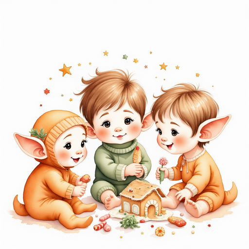 A group of children elves joyfully crafting fondant animals and candy flowers for the gingerbread house project. A half-built gingerbread structure with icing and decorations scattered around.