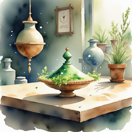 A tiny top with glowing green edges twirls in a blur on the tabletop. In the background, cogs and screws rattle near the edge of the table.