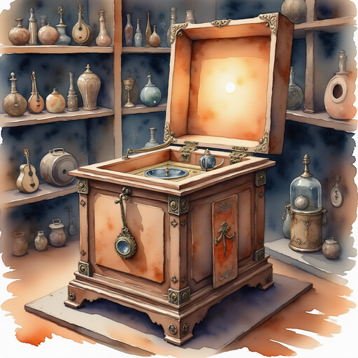 The detailed design of the ancient music box, which glows faintly from within. In the background are shelves filled with forgotten and dusty musical instruments.