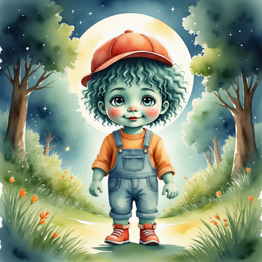 Zigzag Zander standing in the moonlit garden with Bloss, surrounded by swaying trees. In the background, towering trees cast dancing shadows on the grass.