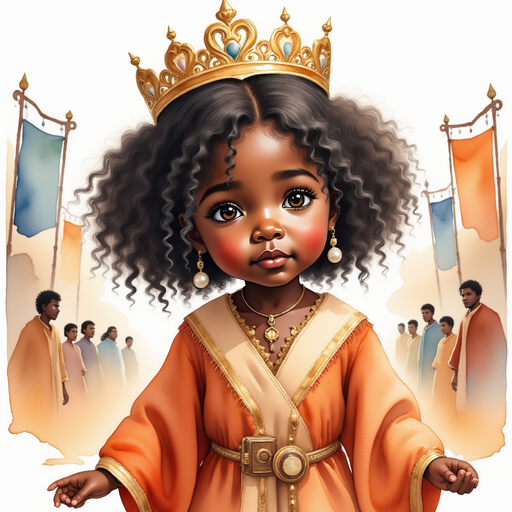 Queen Neena addresses the villagers, her posture confident, but eyes uncertain. In the background, banners waving in the breeze.