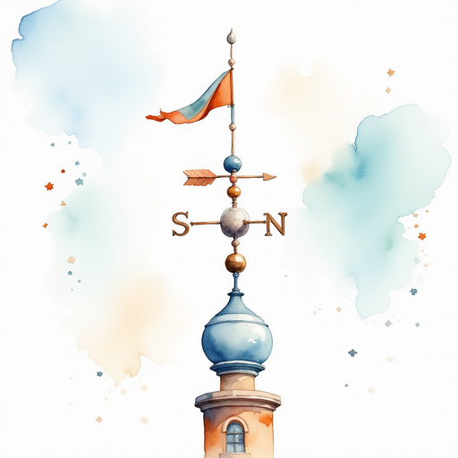 A tall, squeaky weather vane spins around and around. In the background, a wide, open sky stretches overhead