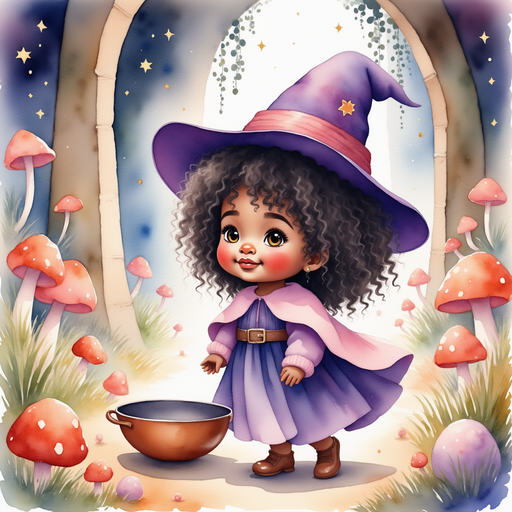 Willow Charms - who is black - stands beside a floating pan with a wide smile. In the background, glowing mushrooms line the walls.