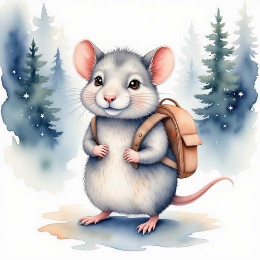Illustrate Milo the clever mouse setting off on his adventure, with a tiny backpack on his shoulder. Sparkling rivers and magical forest