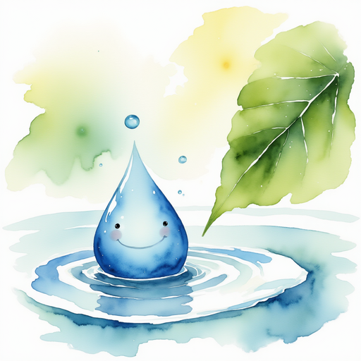 Show Mr. Raindrop smiling on the tip of a leaf. In the background, soft ripples in shallow water.