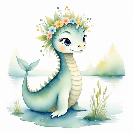 Nessie Sparkles with a happy grin In the background, morning mist rises.