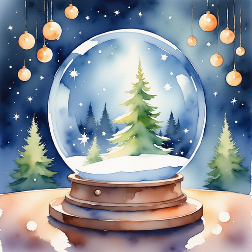 A crystal snow globe rests on a table, shining brightly. In the background, flickering festival lights