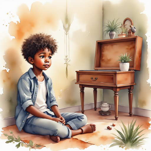 Michael sitting with the music box, looking sad.