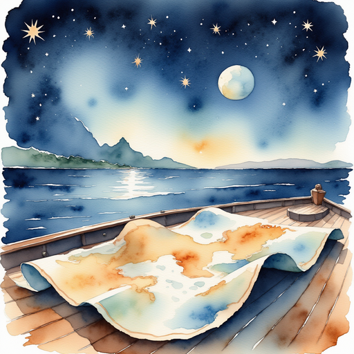 A tattered, rolled-up map spread across the boat’s plank. In the background, rippling reflections of starlight
