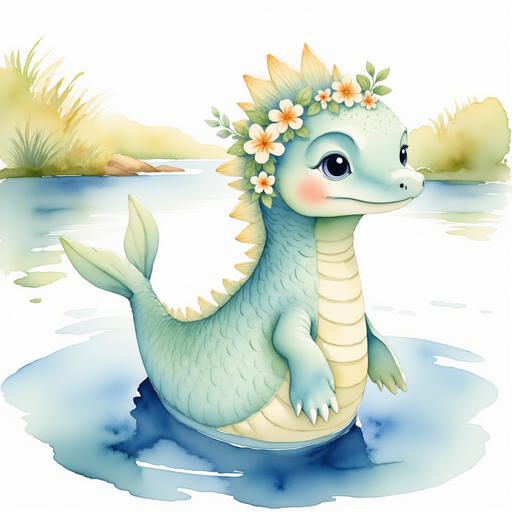 Nessie Sparkles peeking out of the calm lake surface, her scales shimmering. In the background, a peaceful shoreline with lush grass